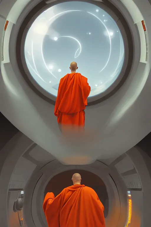 Prompt: portrait of a monk in a spaceship, round window, exploding star, orange robe, dramatic lighting, artstation, matte painting, ralph mcquarrie