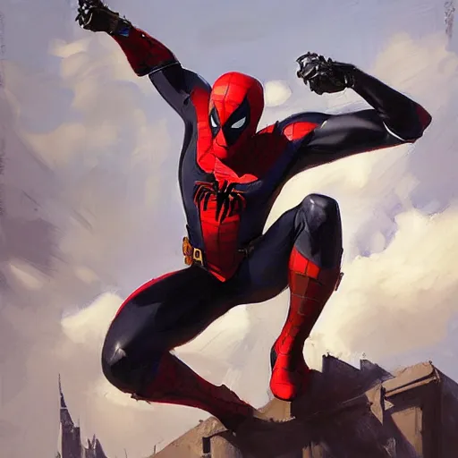 Prompt: greg manchess portrait painting of an armored dark deadpool iron spiderman as overwatch character, medium shot, asymmetrical, profile picture, organic painting, sunny day, matte painting, bold shapes, hard edges, street art, trending on artstation, by huang guangjian, gil elvgren, ruan jia, greg rutkowski, gaston bussiere