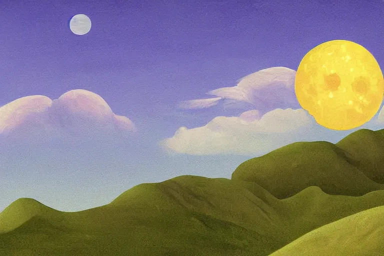 Image similar to sun, moon, sky, land, digital painting, illustrated by max hay