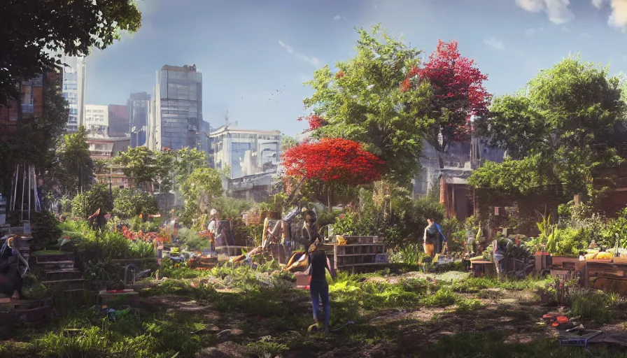 Image similar to craft garden with people working on it built in destroyed washington dc, sunny day, volumetric light, hyperdetailed, artstation, cgsociety, 8 k