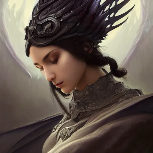 Image similar to powerful fantasy story girl with gray skin and dark gray hair and large black angel wings and armor, vivid colors, intricate, elegant, highly detailed, digital painting, artstation, concept art, smooth, sharp focus, illustration, art by artgerm and greg rutkowski and alphonse mucha and loish and wlop