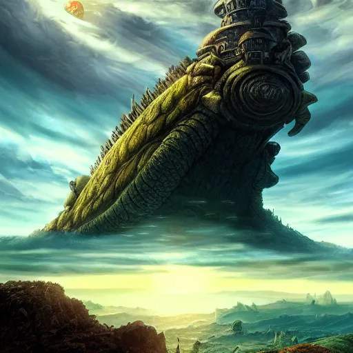 Image similar to large fantasy castle sitting on the top of a giant tortoise, towering over a harsh wasteland with sharp rays of sunlight, howls moving castle, mortal engines, kaiju, distant - mid - shot, fantasy, hyper detailed, 4 k