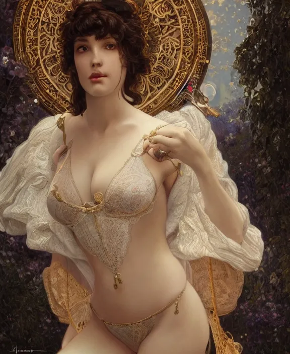 Image similar to the moon goddess, intricate and detailed lace set, suspenders, honey birdette, realistic renaissance portrait, highly detailed, digital painting, artstation, concept art, smooth, sharp focus, cinematic lighting, art by john collier, artgerm and greg rutkowski and alphonse mucha and jacques louis david