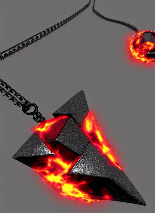 Image similar to rpg item, a black necklace with a bright red diamond in flames, Unreal 5, DAZ, hyperrealistic, rpg style, octane render, dynamic lighting