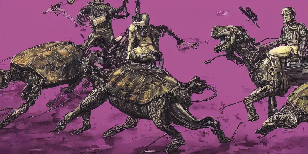 Image similar to neurotic depiction of a battle between horses riding drones and cybernetic, military cats on turtles, detailed shot, y 2 k aesthetic, dark purple background, bonestell, chesley, 4 k