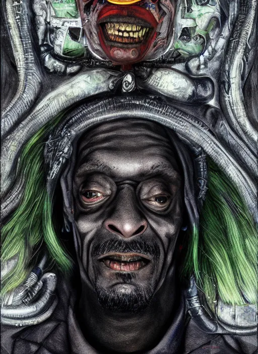 Image similar to giger portrait of snoop dogg as joker, hyper detailed, digital art, trending in artstation, cinematic lighting, studio quality, smooth render, unreal engine 5 rendered, octane rendered, art style by klimt and nixeu and ian sprigger and wlop and krenz cushart.