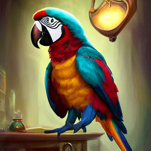 Image similar to Magic the gathering artwork of Anthropomorphized parrot trader in his shop, shelves full, selling a gem, portrait, items, magic potions, carpet, window, fancy funny hat, sly expression , cunning expression, cute expression, presenting magic gem, D&D, fantasy, cinematic lighting, highly detailed, digital painting, artstation, concept art, smooth, sharp focus, illustration, warm light, cozy warm tint, magic the gathering artwork, volumetric lighting, 8k, no gold, no gold colours, art by Akihiko Yoshida and Greg Rutkowski