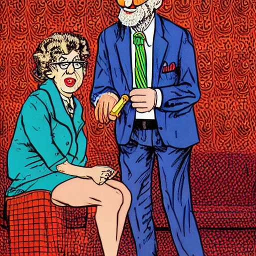 Prompt: The Artwork of R. Crumb and his Cheap Suit Dr. Ruth tells you to have more relations, pencil and colored marker artwork, trailer-trash lifestyle