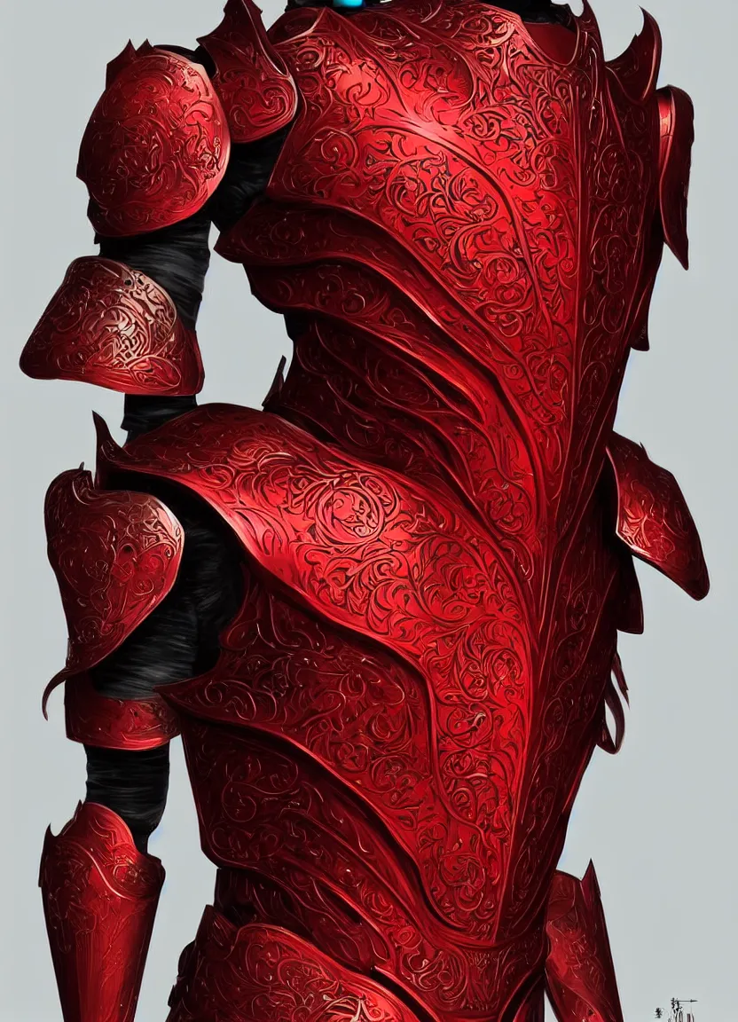 Image similar to beautiful, digital art of an elegant, intricate, beautiful, red, steel - plate full body armor. artstation, by erak note, tooth wu, neil richards, kan liu, siwoo kim