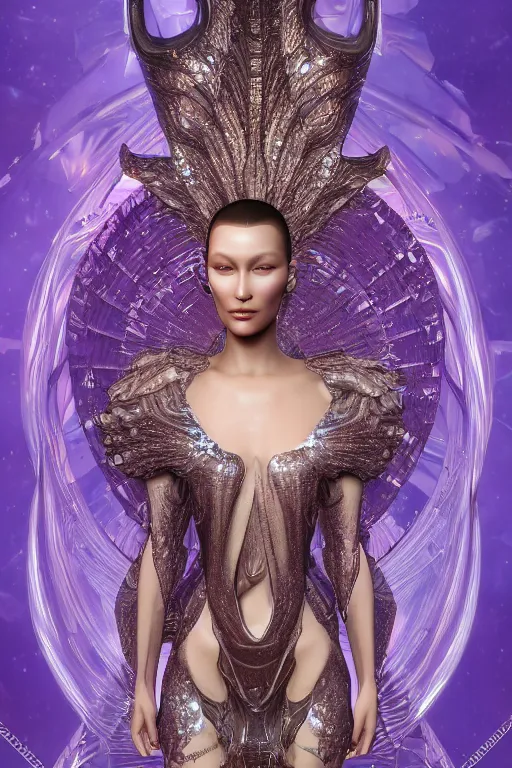 Prompt: a highly detailed photo of a beautiful alien goddess bella hadid in iris van herpen dress in diamonds in style of alphonse mucha art nuvo trending on artstation made in unreal engine 4