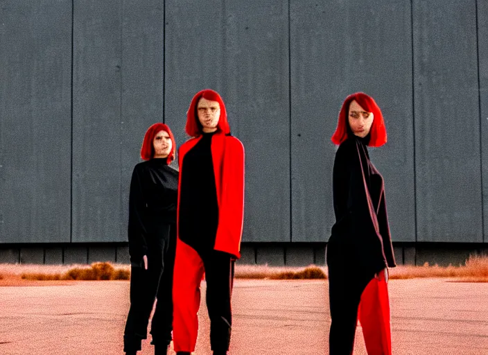 Image similar to cinestill 5 0 d closeup photographic portrait of two clones in front of a brutalist metal building, techwear women, on a desolate plain, red sky, black oversized clothes, depth of field, 4 k, 8 k, hd, full color