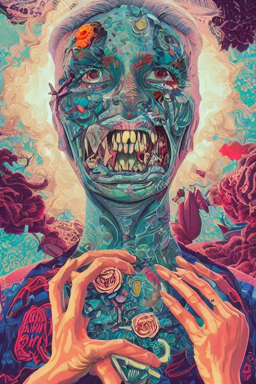 Prompt: a half zombie smiling, Tristan Eaton, victo ngai, artgerm, RHADS, ross draws