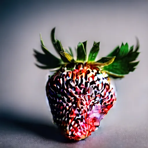 Image similar to high quality presentation photo of a strawberry made of gold, photography 4k, f1.8 anamorphic, bokeh, 4k, Canon, Nikon