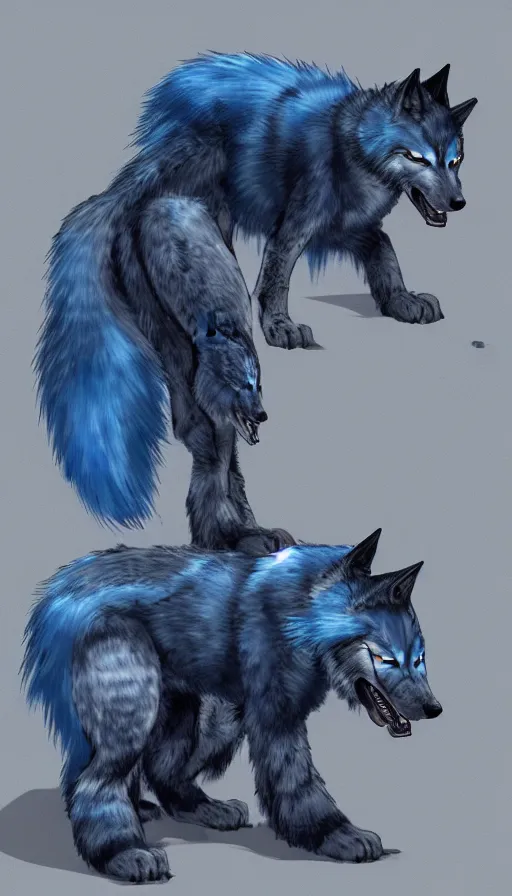 Image similar to dieselpunk blue wolf with fuzzy tail, concept art, dramatic, fantasy, pixiv