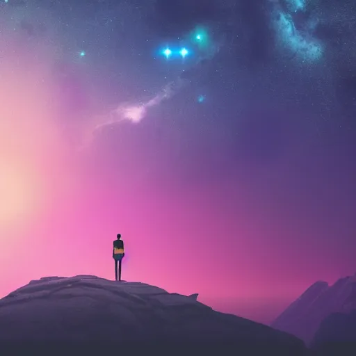 Image similar to a man standing on a cliff looking at the stars in the sky, a matte painting by alena aenami, unsplash, space art, outrun, synthwave, retrowave