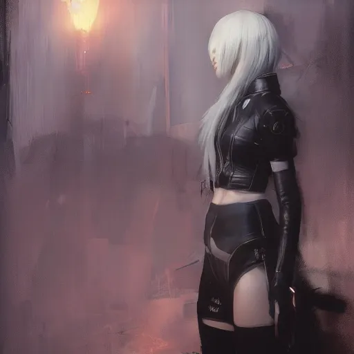 Prompt: painting of high detail yorha no. 2 type a wearing skintight leather jacket by jeremy mann, fantasy art, dynamic lighting, artstation, poster, volumetric lighting, 4 k, award winning