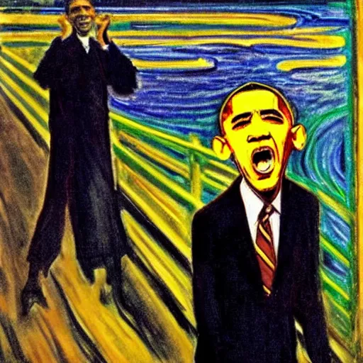 Image similar to obama and harry potter together shouting in unison on the scream edvard munch's painting, style of monet, museum masterpiece, worth a lot, sothebys