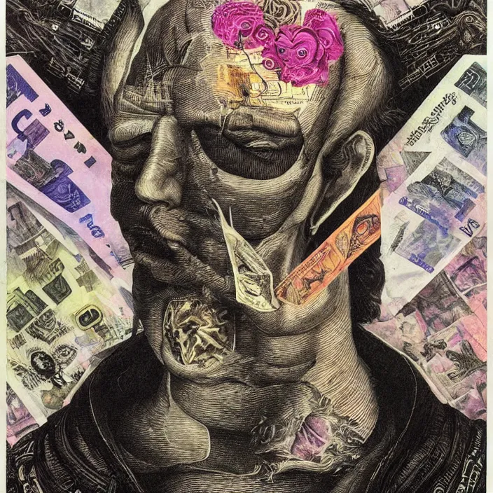 Image similar to post - punk new age album cover, asymmetrical design, dollar bank notes, capitalism, magic, apocalypse, psychedelic, black white pink, highly detailed, magic, giger h. r., giuseppe arcimboldo