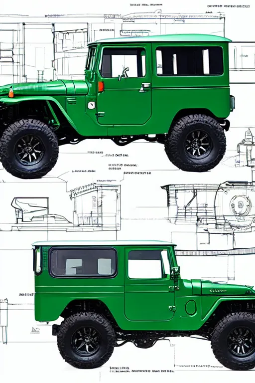 Prompt: detailed specific architect blueprint of a green toyota fj 4 3