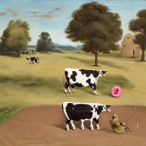 Image similar to painting of a big fat cow with a long curved neck. it's neck has a bell attached with a pink ribbon. it's fore udder lay on the ground as the cow is in sit position. the cow is playing violin with it's front legs. the scene is in a medieval styled field with three peasants spitting on the cow's face.