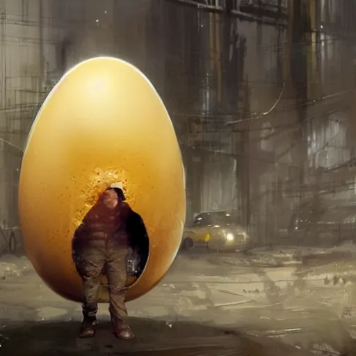 Image similar to a large egg frying in a pan with edward norton's face emerging from the yolk, concept art by greg rutkowski