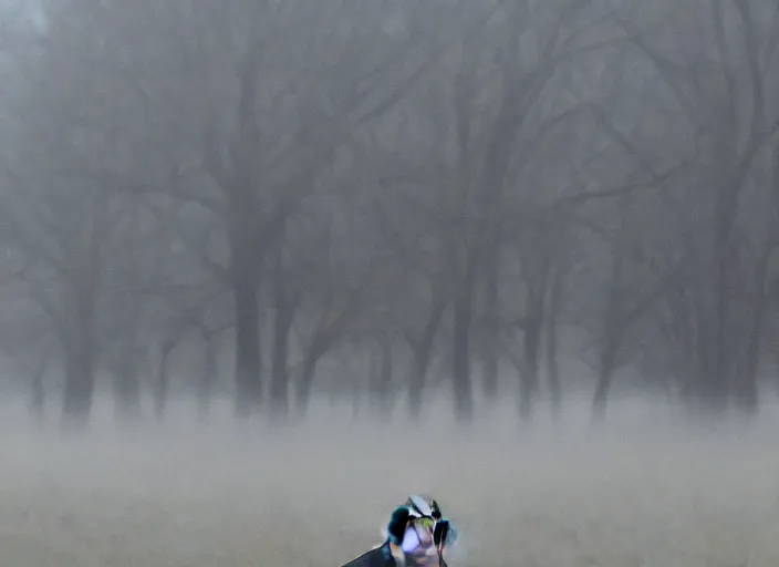 Image similar to screenshot from moody scene of Donald Trump in a foggy field entering the zone, scene from the film Stalker 1979 film directed by andrei tarkovsky, kodak film stock, anamorphic lens, 4K, film grain, detailed, stunning cinematography