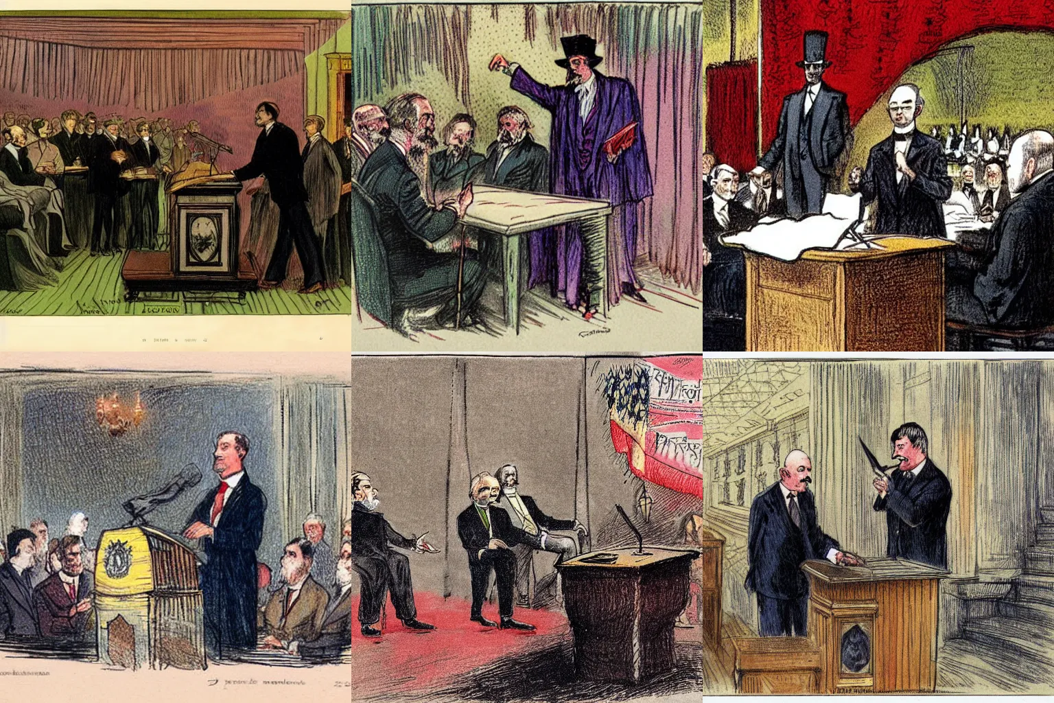 Prompt: the prime minister's press conference with a wizard, 1905 hand-coloured lithograph sketch