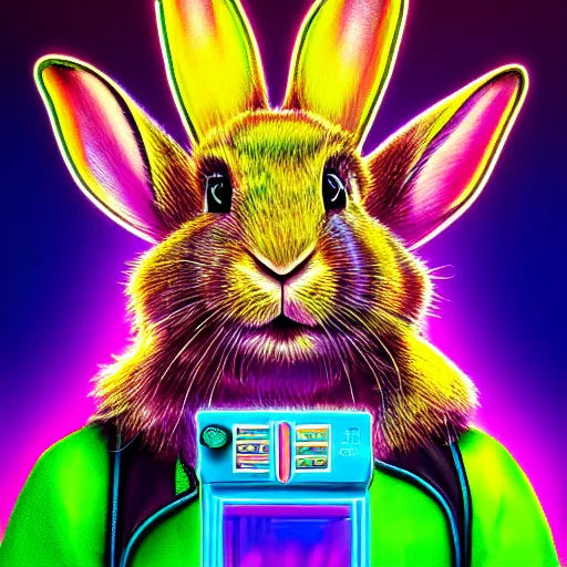 Image similar to portrait of rabbit with UV neon fur holding a machine gun , 8k, highly detailed, sharp, realistic, in style of Lisa Frank, Artstation, deviantart