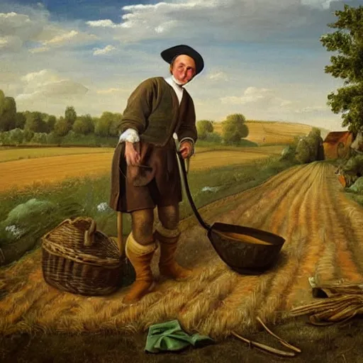 Image similar to david cameron as a 1 7 th century peasant workingin the fields, painting, restored, 1 7 th century art, very detailed painting