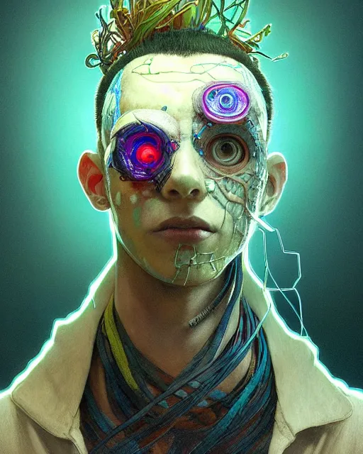 Image similar to portrait of a patchwork boy, bioluminescent, wires, horror, asymmetrical art, highly detailed, concept art, cinematic, hyperrealism, epic, art by stanley lau and artgerm and magali villeneuve and alphonse mucha and pixar, artstation, octane render, cgsociety