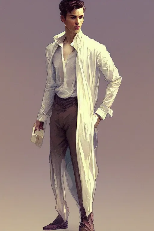 Prompt: full figure portrait of a single beautiful young fit man, dressed of modern transparent fluent shirt and large pants, by greg rutkowski and alphonse mucha, d & d character, interior design background, highly detailed portrait, digital painting, artstation, concept art, smooth, sharp focus ilustration, artstation hq