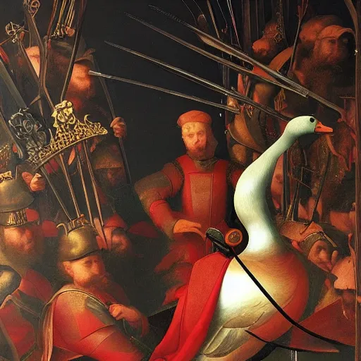 Image similar to a goose sitting on a throne made of swords, renaissance painting, detailed rendering, red lighting, ominous atmosphere