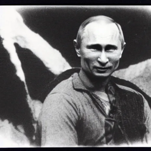 Image similar to vladimir putin is vampire having sharp teeth, is in minerals cave, polaroid black and white picture, 1 9 th century, scary horrifying