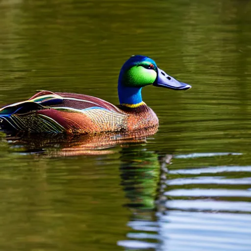 Prompt: a colorful mallard floating on a lake in the foothills of mount saint helens