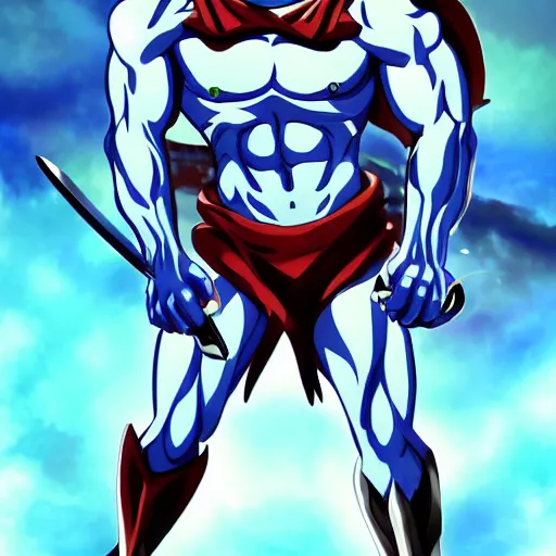 Image similar to four handed muscular man, blue skin, swords in hands, anime HD, anime,