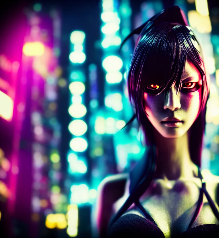 Image similar to a photo close up a cyberpunk female supermodel, shibuya prefecture, midnight, photorealistic, cinematic color, studio lighting, highly detailed, bokeh, style by tomino - sama