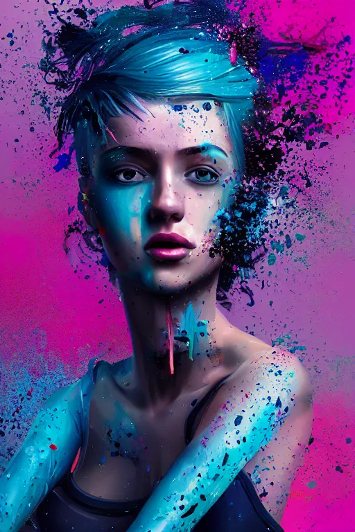 Image similar to a award winning half body portrait of a beautiful woman in a croptop and cargo pants with ombre navy blue teal hairstyle with head in motion and hair flying, paint splashes, splatter, outrun, vaporware, shaded flat illustration, digital art, trending on artstation, highly detailed, fine detail, intricate