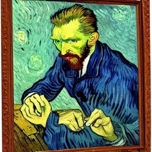 Image similar to vincent van gogh painting vincent van gogh cutting off vincent van gogh's ear, by vincent van gogh