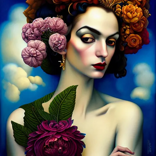 Image similar to dynamic composition, a painting of a woman with hair of flowers and raven plummage wearing ornate earrings, a surrealist painting by tom bagshaw and jacek yerga and tamara de lempicka and jesse king, featured on cgsociety, pop surrealism, surrealist, dramatic lighting, wiccan, pre - raphaelite, ornate gilded details