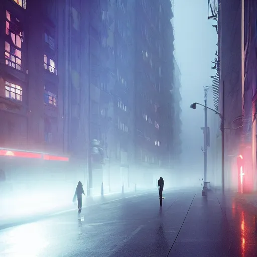 Image similar to a foggy night in milano in 2 0 7 9, cyberpunk future, distopic, cinestill, photography, realistic, hyper detailed, unreal engine, cinematic, octane render