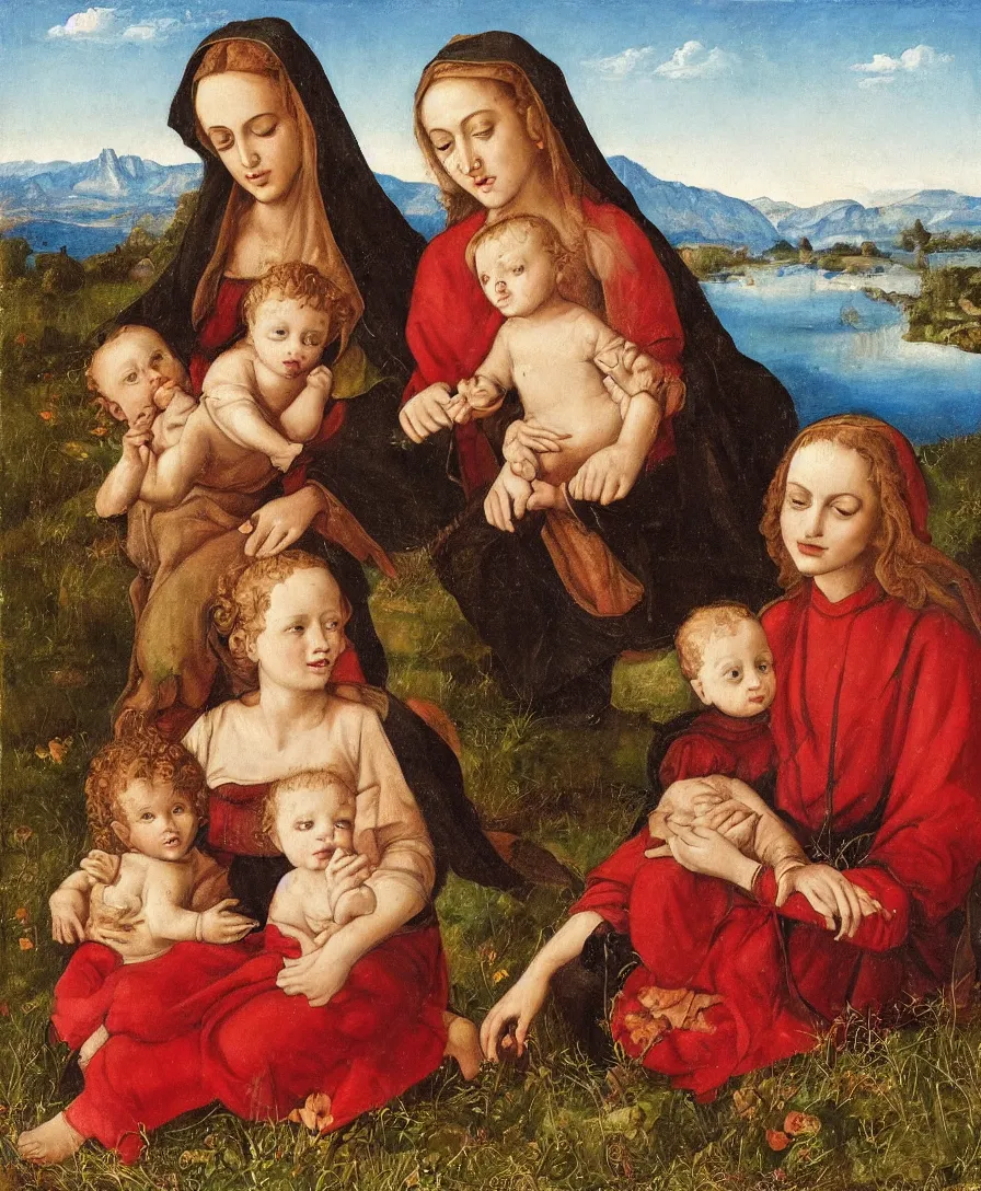 Image similar to Detailed Portrait of Madonna with infant Jesus playing with a cross and another boy in the style of Raffael. Curly red hair. They are sitting in a dried out meadow near Florence, red poppy in the field. Playing with a cross On the horizon, there is a lake with a town and mountains. Flat perspective.