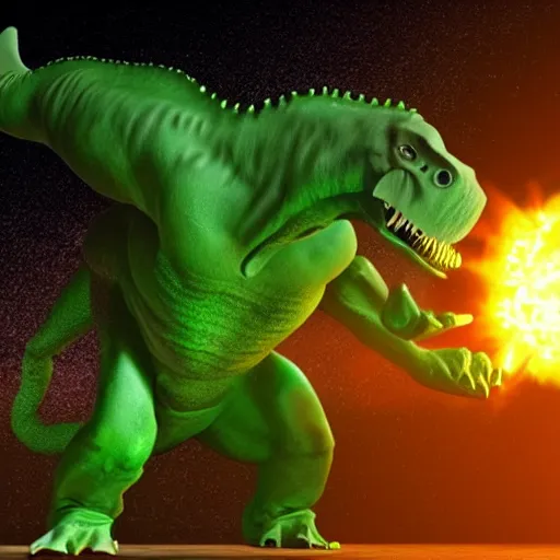 Prompt: a human punching with his right arm at a green tyrannosaurus rex creating a nuclear bomb explosion, 3 d, dynamic lighting, vivid imagery