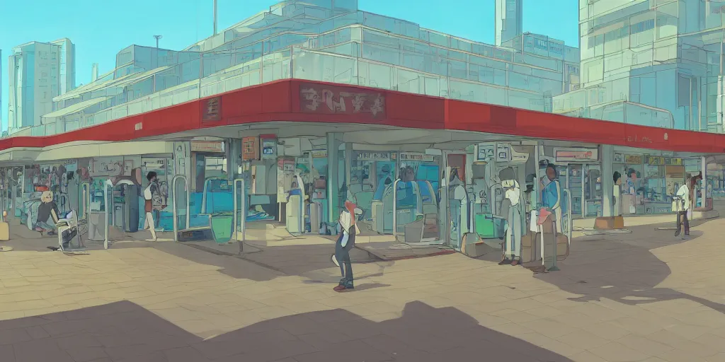 Prompt: an israeli bus station in tel aviv, noon, sunlights, wide shot, digital art, ghibli style, makoto shinkai, flat colors