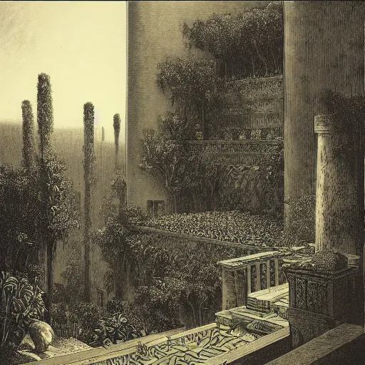 Image similar to the hanging gardens of babylon, gustave dore lithography