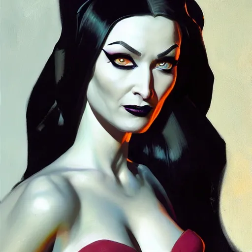 Prompt: greg manchess portrait painting of partially armored morticia from addams family as overwatch character, medium shot, asymmetrical, profile picture, organic painting, sunny day, matte painting, bold shapes, hard edges, street art, trending on artstation, by huang guangjian and gil elvgren and greg rutkowski