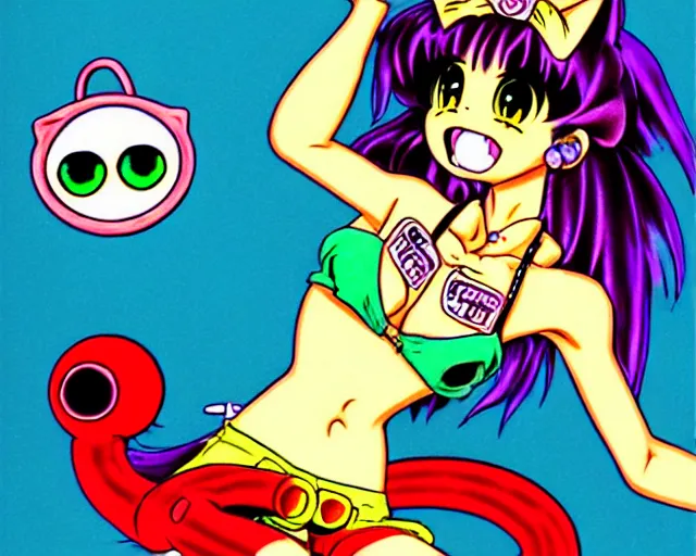 Image similar to high - quality anime catgirl in ratfink style by ed roth, crazy bulging eyes janky teeth riding in a hot rod, road rage, inspired by naoko takeuchi 8 0 s bishoujo anime, vhs filter