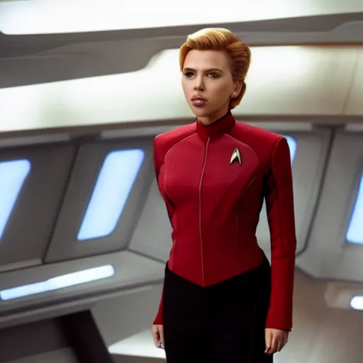 Image similar to highly detailed scarlett johansson wearing a star trek uniform, movie still