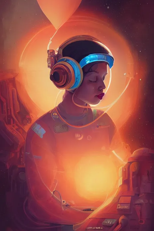 Image similar to a poster design of a portrait of a female astronaut wearing headphones in space, universe, cyberpunk, warm color, Highly detailed labeled, poster, peter mohrbacher, featured on Artstation