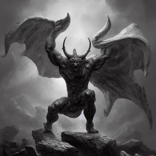 Prompt: full body, grayscale, Gustave Dore, James Daly, muscled humanoid balrog demon, horns, heroic pose, swirling flames