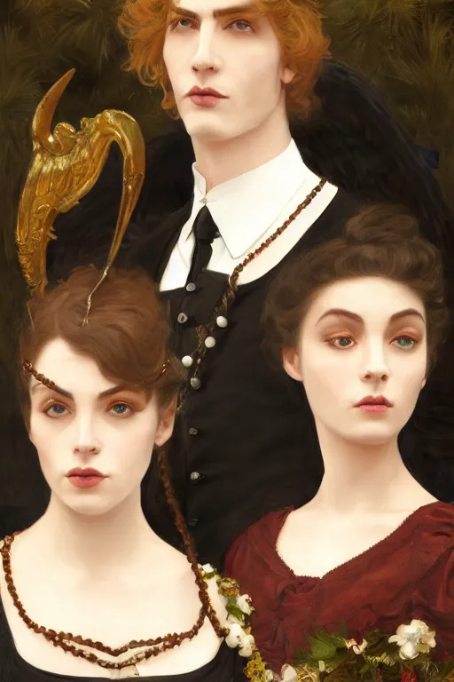 Prompt: a portrait of beautiful and handsome male Satan and his elegant beautiful wives, white eyes, bored, Dressed in Victorian fashions, illustration, soft lighting, soft details, painting oil on canvas, octane render, HDR, 4k, 8k, HD, by Edmund Blair Leighton, Brom, Charlie Bowater, trending on artstation,